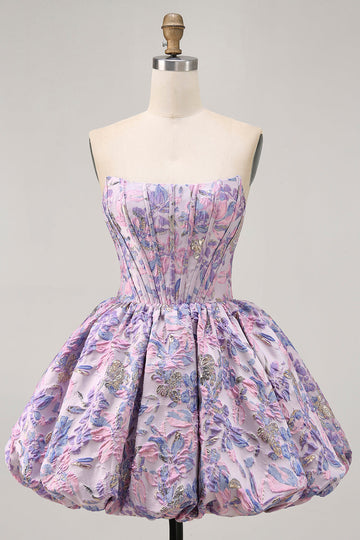 Purple Strapless Brocade A-Line Corset Mini Homecoming Dress with Bubble-Hem